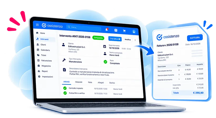 Gestionale Software Assistenza con intervento tecnico e documento di fatturazione collegato