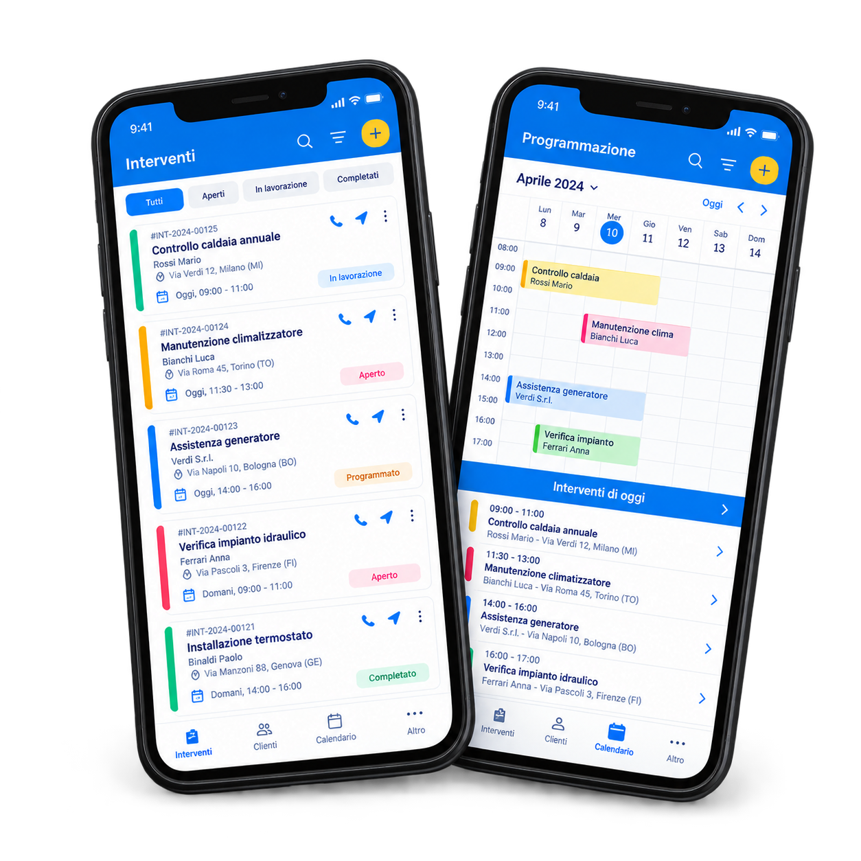 Due smartphone con schermate di calendario e interventi