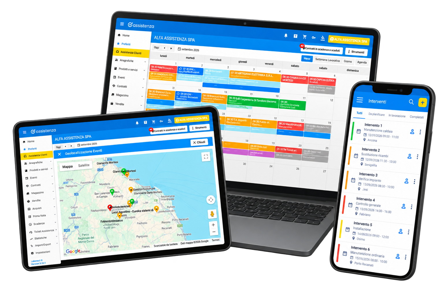Software Assistenza su laptop con calendario, tablet con mappa e smartphone
