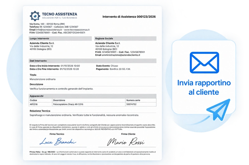 Rapportino e rapporto di intervento tecnico firmato dal cliente
